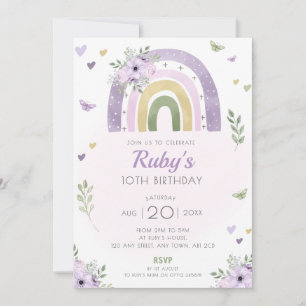 Purple Rainbow Birthday Party Invite Boho Flowers