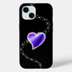 Purple Rainbow Heart with Stars on black iPhone 15 Case