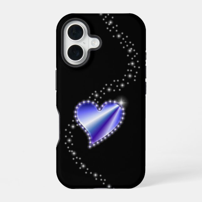 Purple Rainbow Heart with Stars on black iPhone 16 Case (Back)