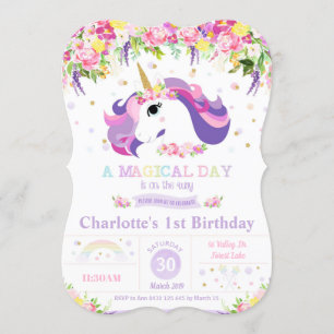 Purple Rainbow Unicorn 1st Birthday Invitations
