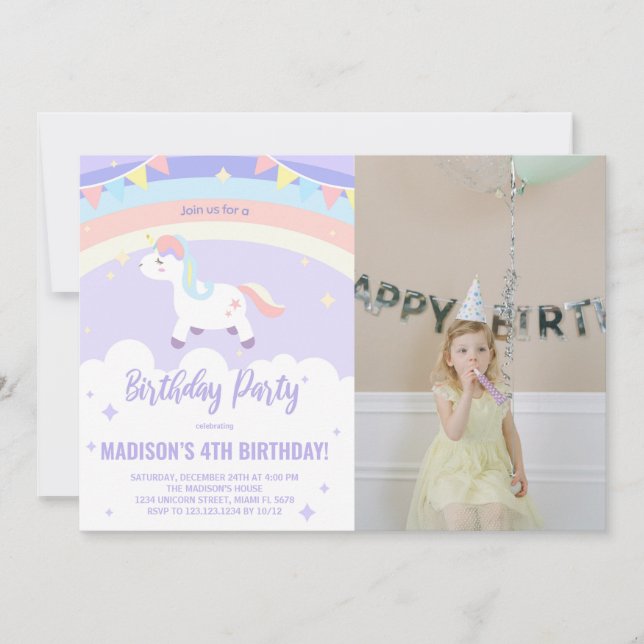 Purple Rainbow Unicorn Birthday Invitations photo (Front)