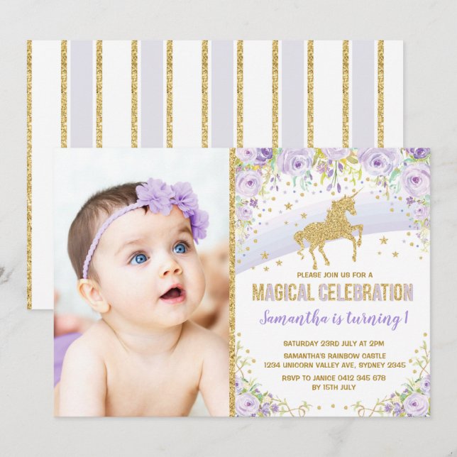 Purple Rainbow Unicorn Lavender Gold Birthday Invitation (Front/Back)