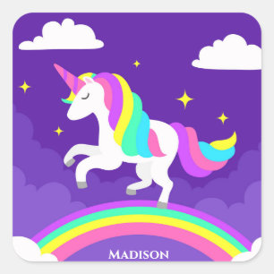 Purple Rainbow Unicorn Personalised Girly Cute Square Sticker