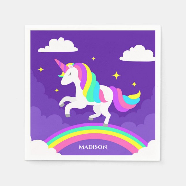 Purple Rainbow Unicorn Personalised Name Magical Napkin (Front)
