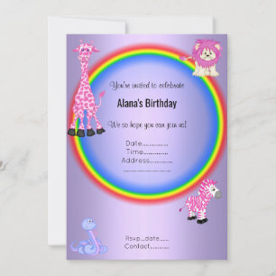 Purple Rainbow Zoo Birthday Party Invitation
