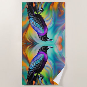 Purple Raven,  northern lights background Beach Towel