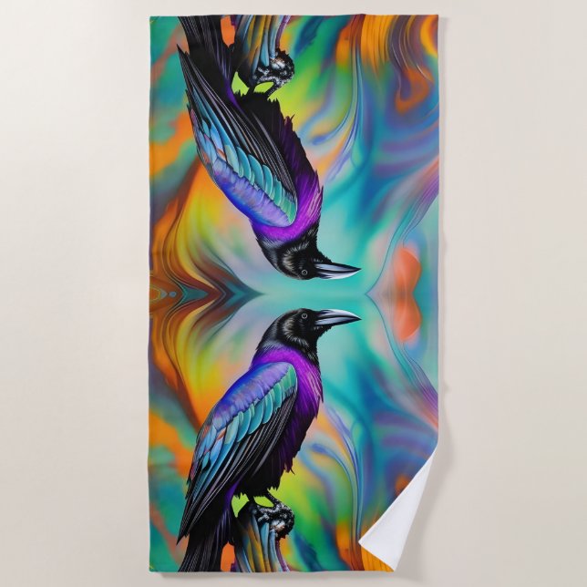Purple Raven,  northern lights background Beach Towel (Front)