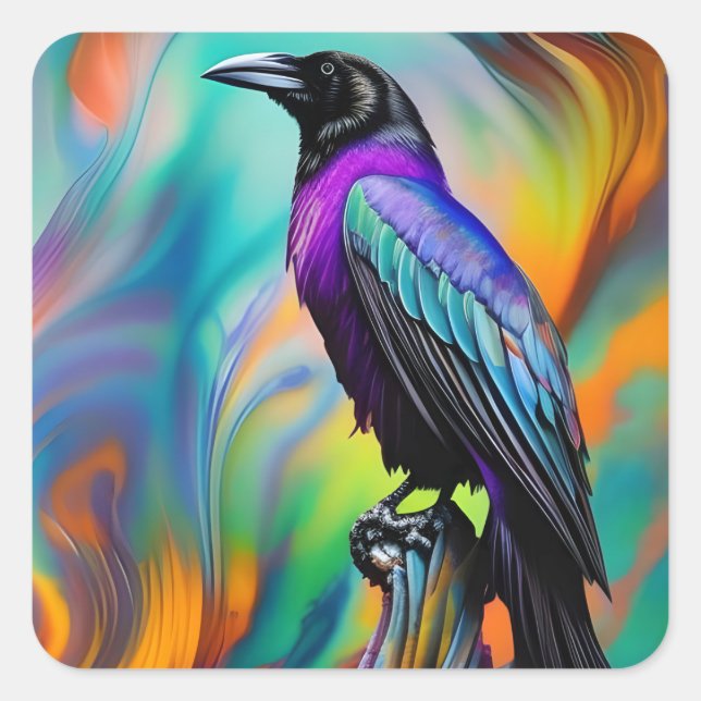Purple Raven,  northern lights background Square Sticker (Front)