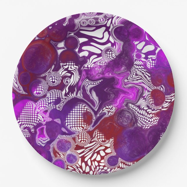 Purple Red Abstract Modern Marble Fluid Art   Paper Plate (Front)