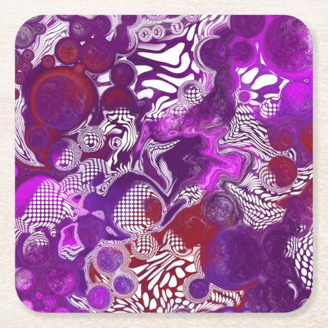 Purple Red Abstract Modern Marble Fluid Art Square Paper Coaster (Front)