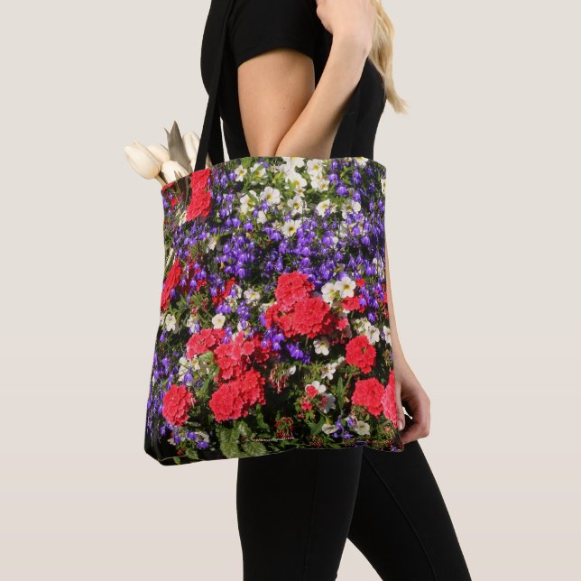 Purple, Red, and White Annual Flowers Tote Bag (Close Up)