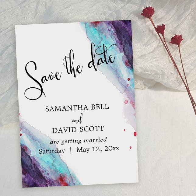 Purple Red Aqua Watercolor Modern Save the  Date Invitation (Creator Uploaded)