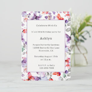 Purple Red Butterflies Birthday Invitation