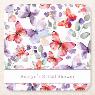 Purple Red Butterflies Bridal Shower Square Paper Coaster