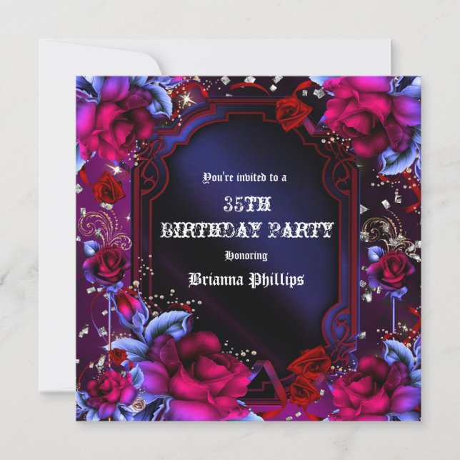 Purple Red Fantasy Floral Roses Bling Invitation (Front)