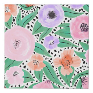 Purple Red Floral Polka Dots Watercolor Pattern Faux Canvas Print