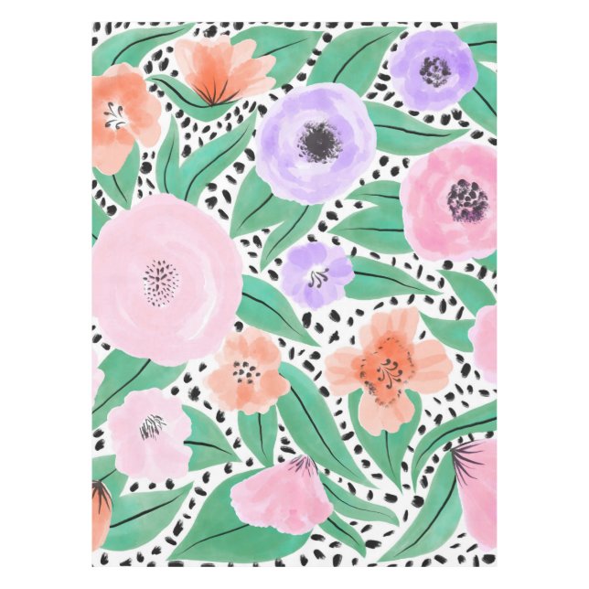 Purple Red Floral Polka Dots Watercolor Pattern Tablecloth (Front)