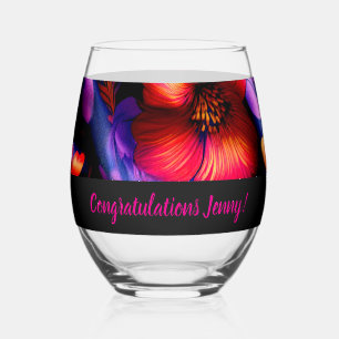 Purple Red Flower Design Stemless Wine Glass