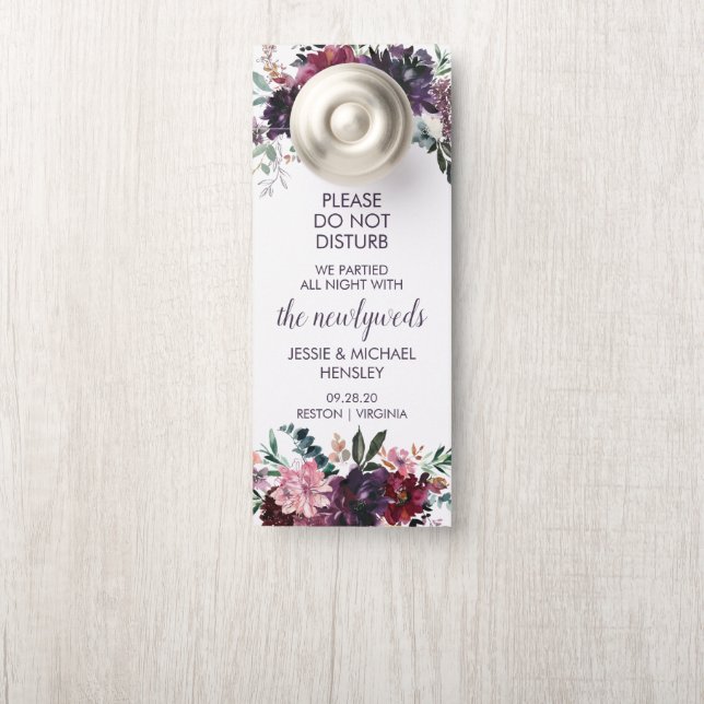 Purple Red Mauve Pink Watercolor Flowers Door Hanger (On Knob)