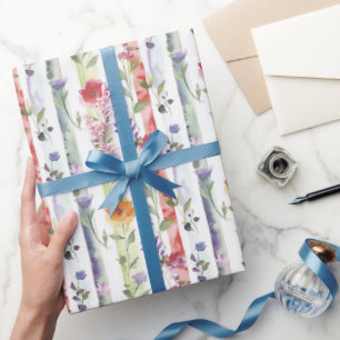 Purple Red Orange Floral Stripes Bridal Shower Wrapping Paper