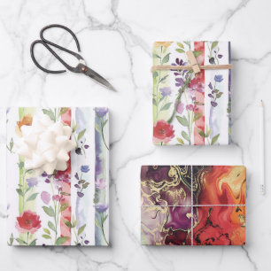 Purple Red Orange Floral Stripes Bridal Shower Wrapping Paper Sheet