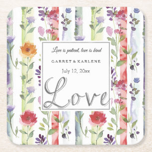 Purple Red Orange Floral Stripes Love Wedding  Square Paper Coaster