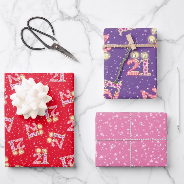 Purple, Red, Pink 21st Birthday Wrapping Paper  (Front)