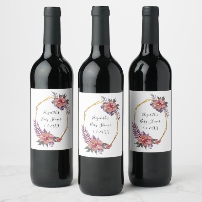 Purple Red Pink Floral Gold Frame Baby Shower Wine Label (Bottles)