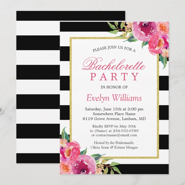 Purple Red Pink Fuchsia Floral Bachelorette Party Invitation (Front/Back)