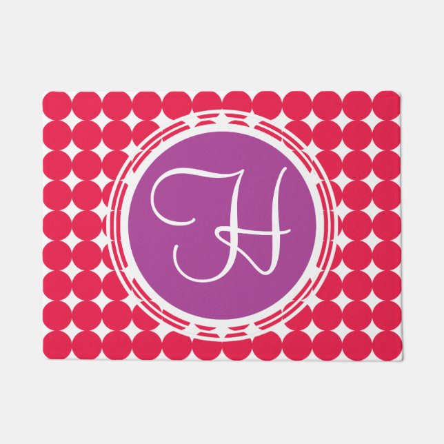 Purple & Red Polka Dot Monogram Doormat (Front)