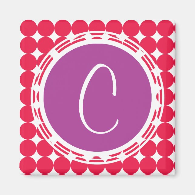 Purple & Red Polka Dot Monogram Magnet (Front)