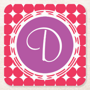 Purple & Red Polka Dot Monogram Square Paper Coaster