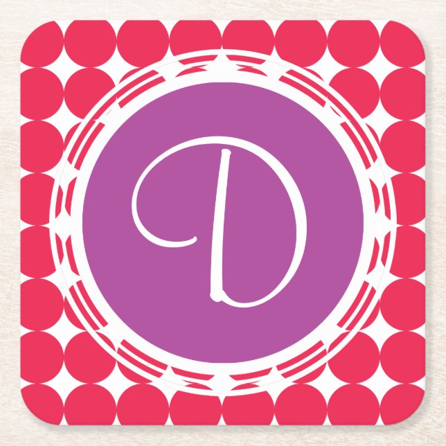 Purple & Red Polka Dot Monogram Square Paper Coaster (Front)