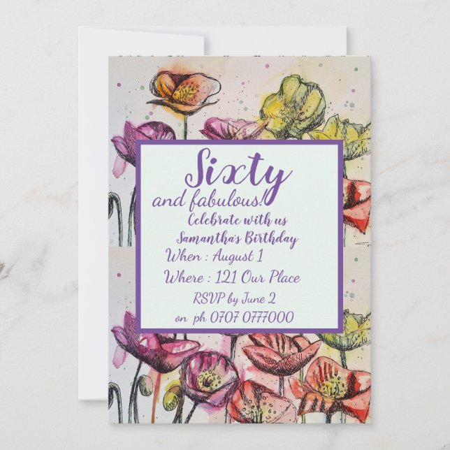 Purple Red Poppy Floral 60th Birthday Invitation (Front)