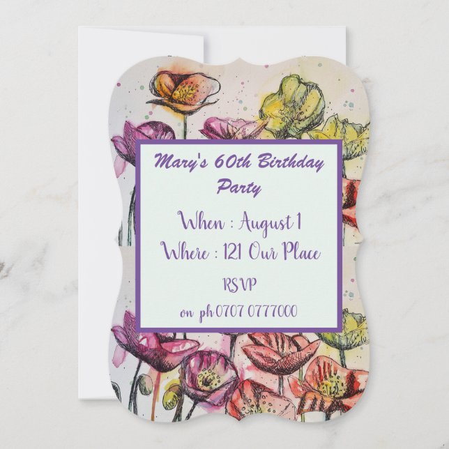 Purple Red Poppy Floral 60th Birthday Invitation (Front)