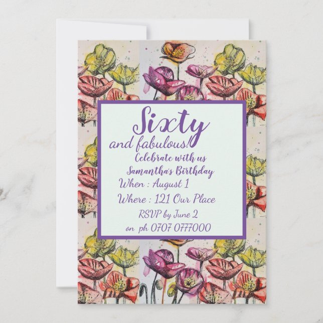Purple Red Poppy Floral 60th Birthday Invitation (Front)