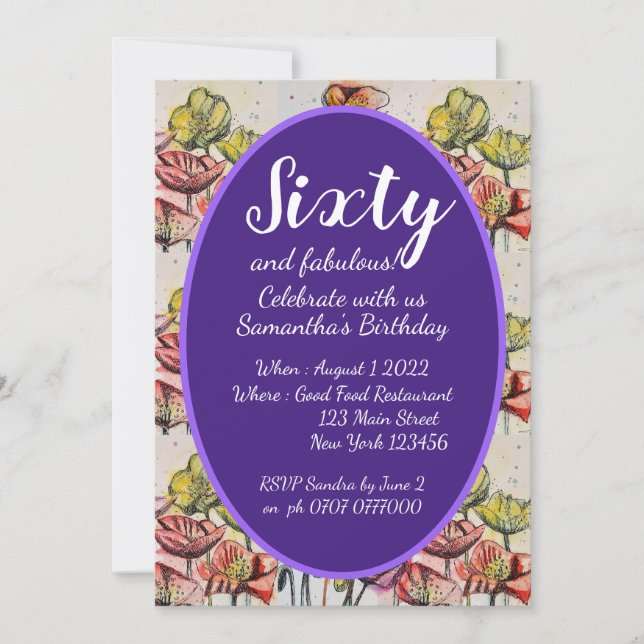 Purple Red Poppy Floral 60th Birthday Invitation (Front)
