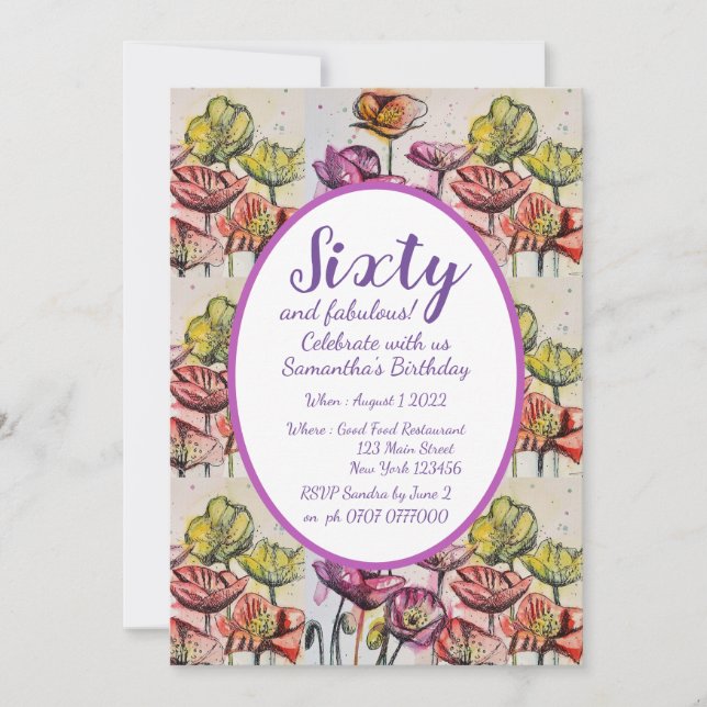Purple Red Poppy Floral 60th Birthday Invitation (Front)