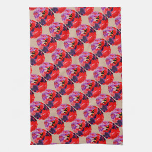 Purple Red Retro Pattern Flower Bees Tea Towel