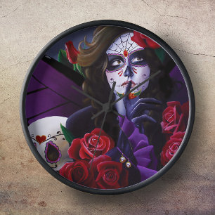 Purple Red Roses Sugar Skull Fairy Day Dead Clock