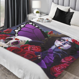 Purple Red Roses Sugar Skull Fairy Day Dead Fleece Blanket