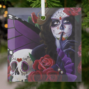 Purple Red Roses Sugar Skull Fairy Day Dead Glass Tree Decoration