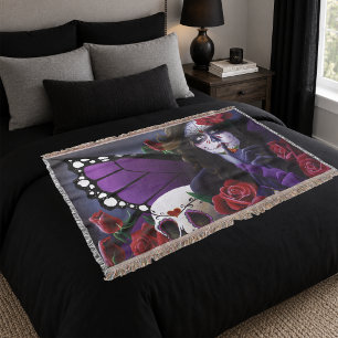 Purple Red Roses Sugar Skull Fairy Day Dead Throw Blanket