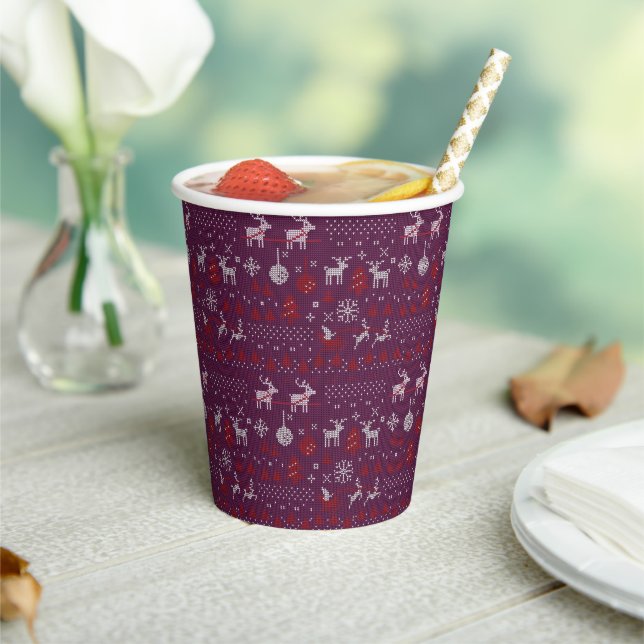 Purple Red Santa Reindeer Ugly Christmas Sweater Paper Cups (Insitu)