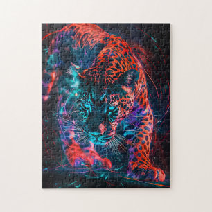 Purple Red Turquoise Neon Jaguar Light Jigsaw Puzzle