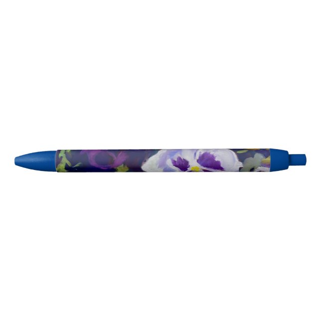 Purple Red-Violet Blue Yellow Orange Pansy Flowers Black Ink Pen (Front)