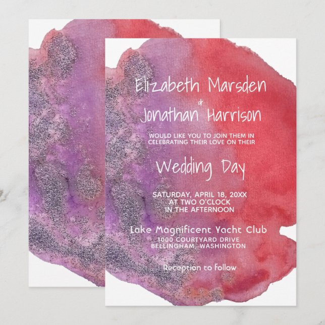 Purple Red Watercolor Modern Elegant Wedding Invitation (Front/Back)