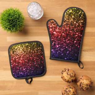 Purple red yellow rainbow faux glitter sparkles oven mitt & pot holder set