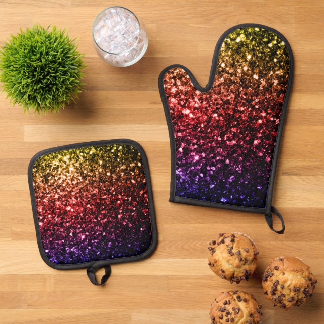 Purple red yellow rainbow faux glitter sparkles oven mitt & pot holder set (Top Down)