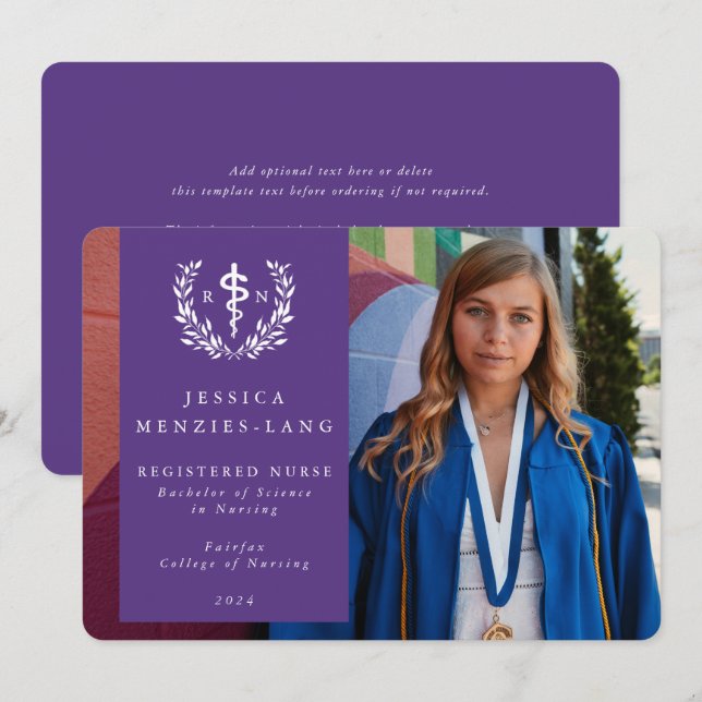 Purple Registered Nurse Asclepius Graduation Photo Announcement (Front/Back)